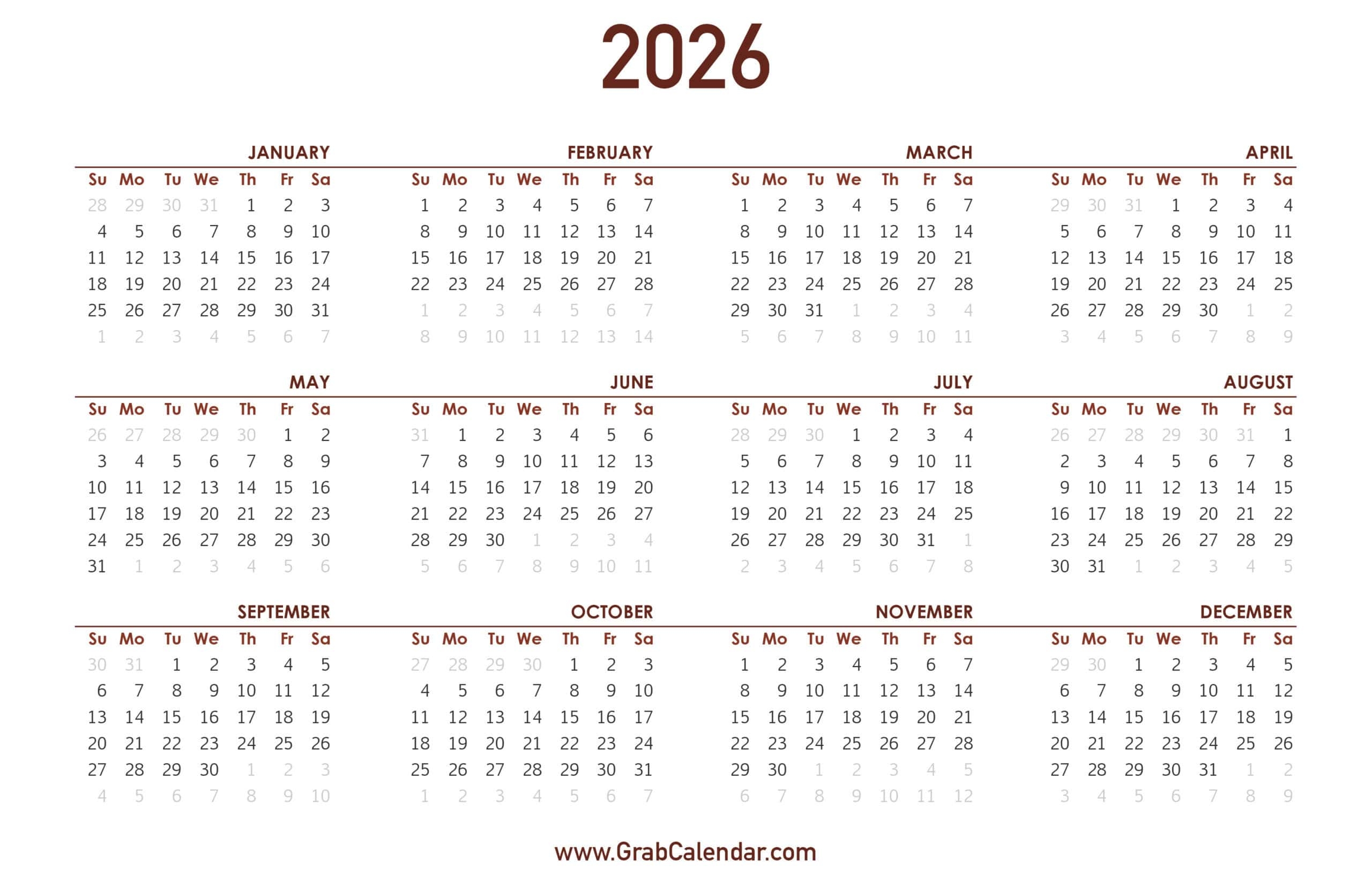 2026 Calendar Grab Calendar