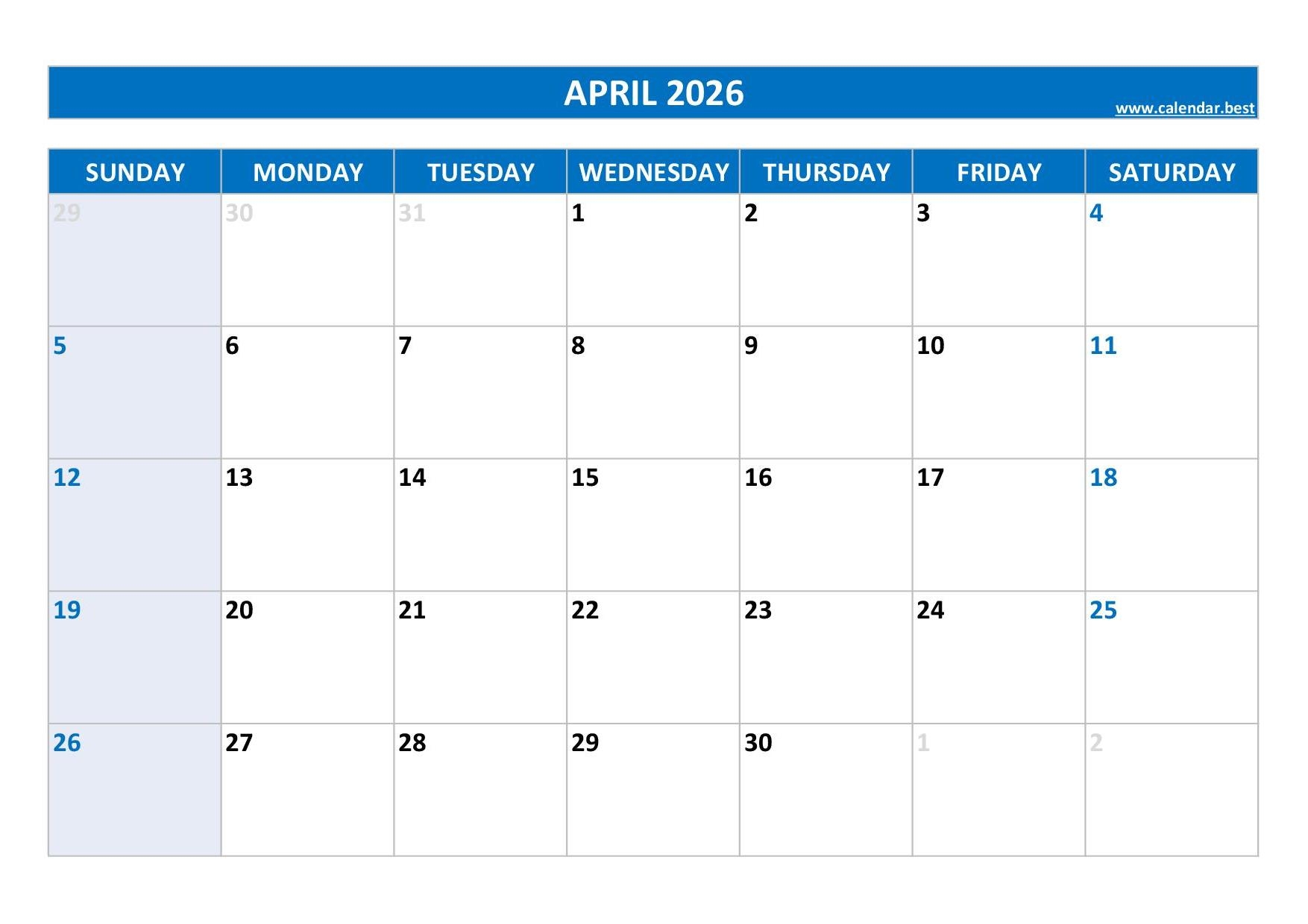 April 2026 Calendar Calendar Best