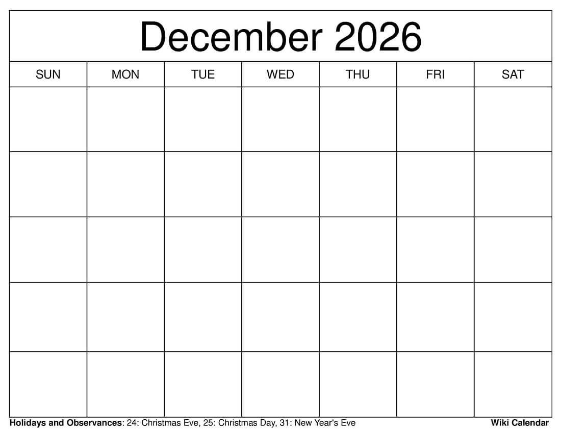 December 2026 Calendar Printable Templates More