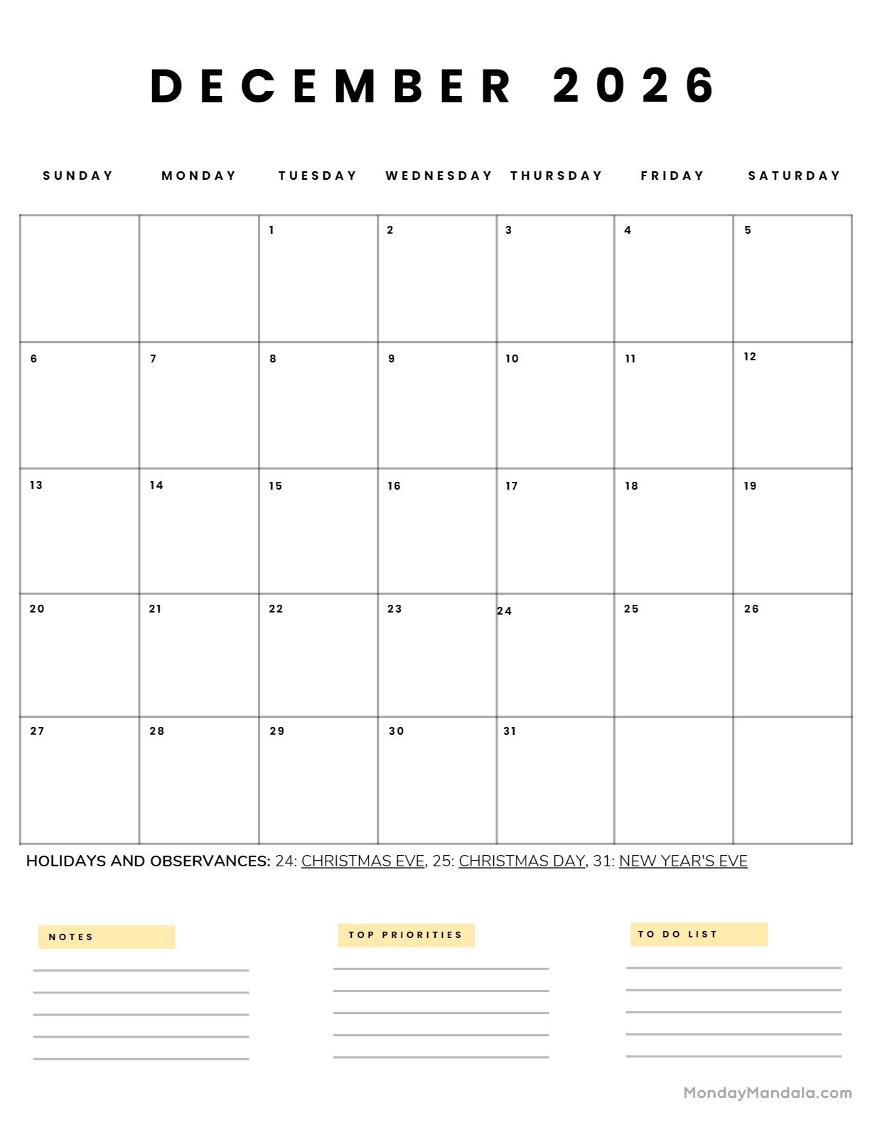 December 2026 Calendars 52 Free PDF Printables December 2026 Calendars 52 Free PDF Printables