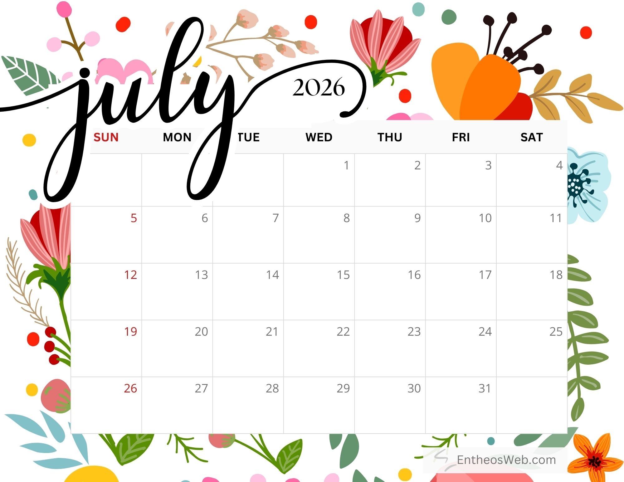 Floral 2026 Calendar Free Monthly Printables EntheosWeb