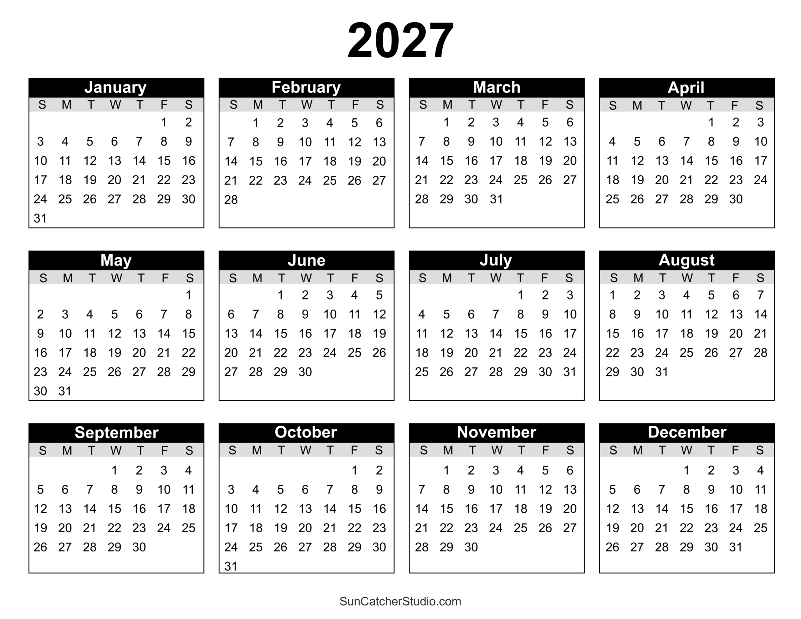 Free Printable 2027 Yearly Calendar Free Printables Lettering SVG Files Tools Apps