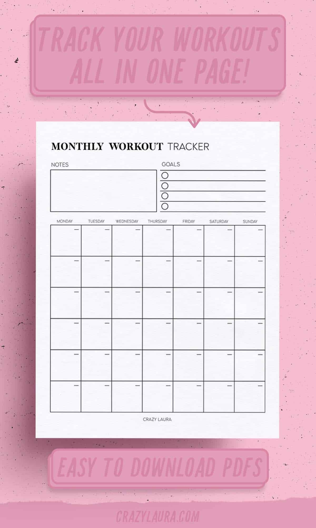 Free Workout Tracker Printable Weekly Monthly Versions Crazy Laura