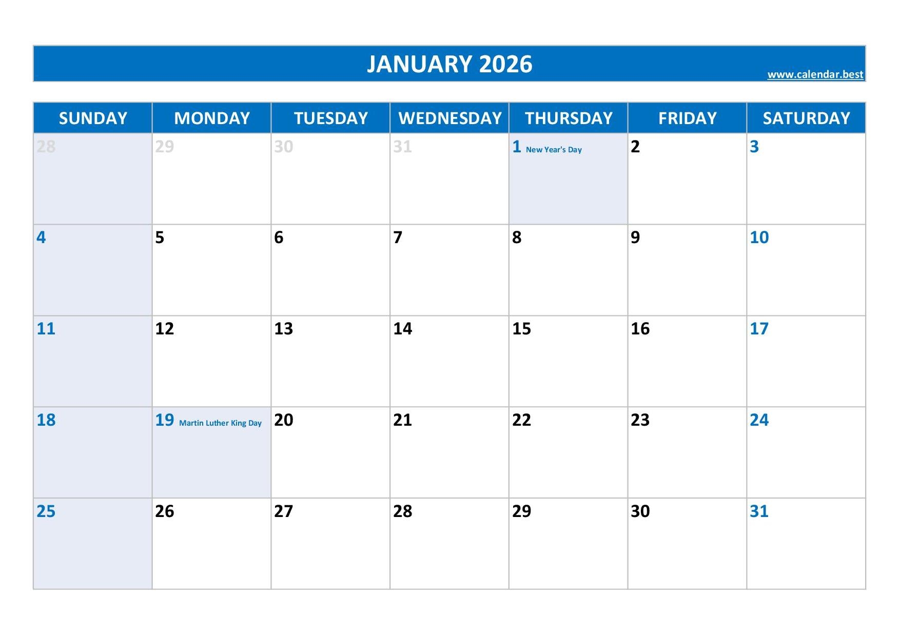 January 2026 Calendar Calendar Best