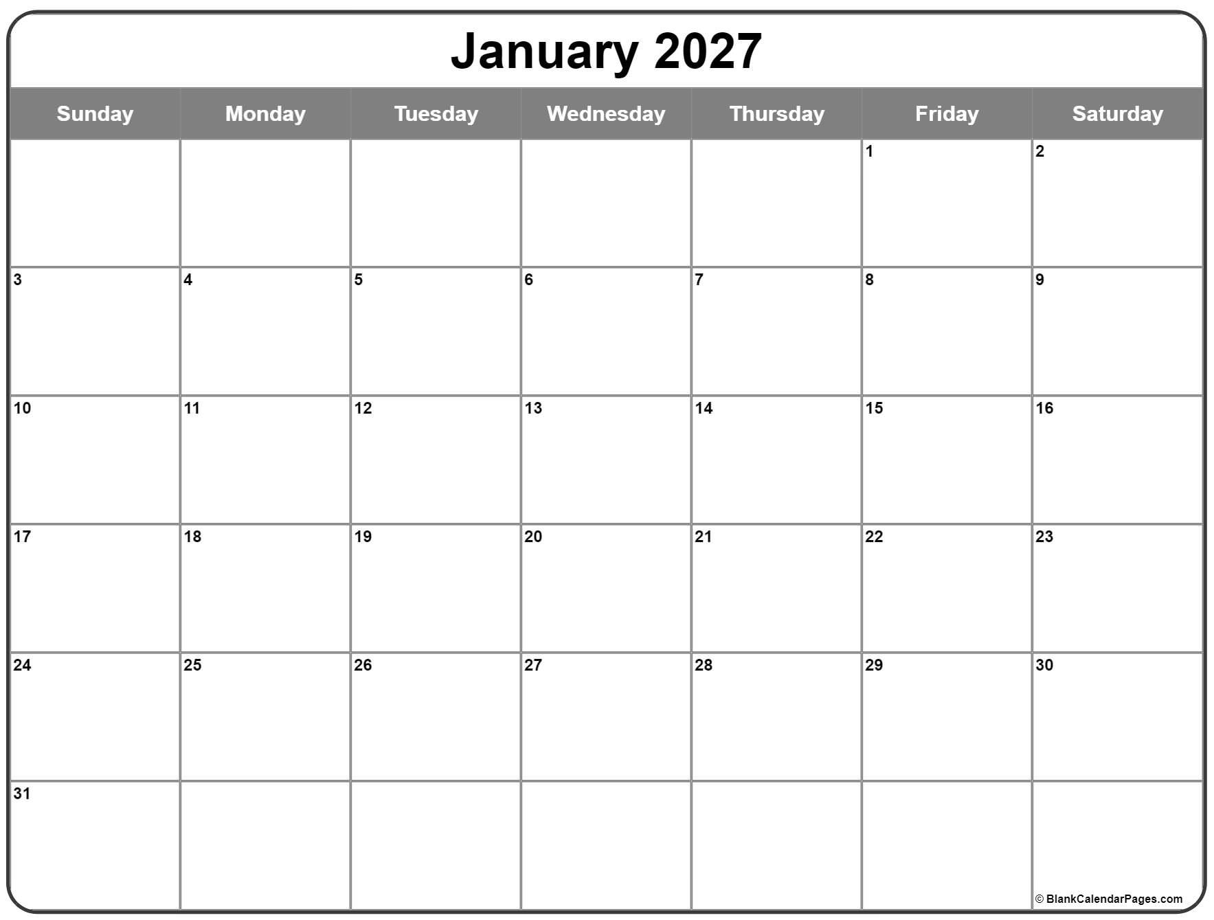 January 2027 Calendar Free Printable Calendars January 2027 Calendar Free Printable Calendars