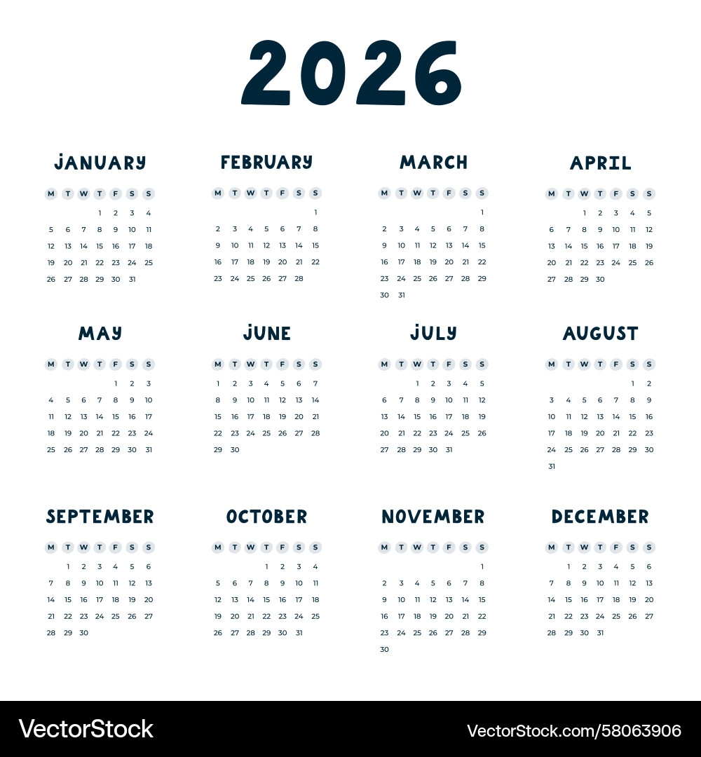 Minimalist 2026 Calendar Black White Royalty Free Vector VectorStock