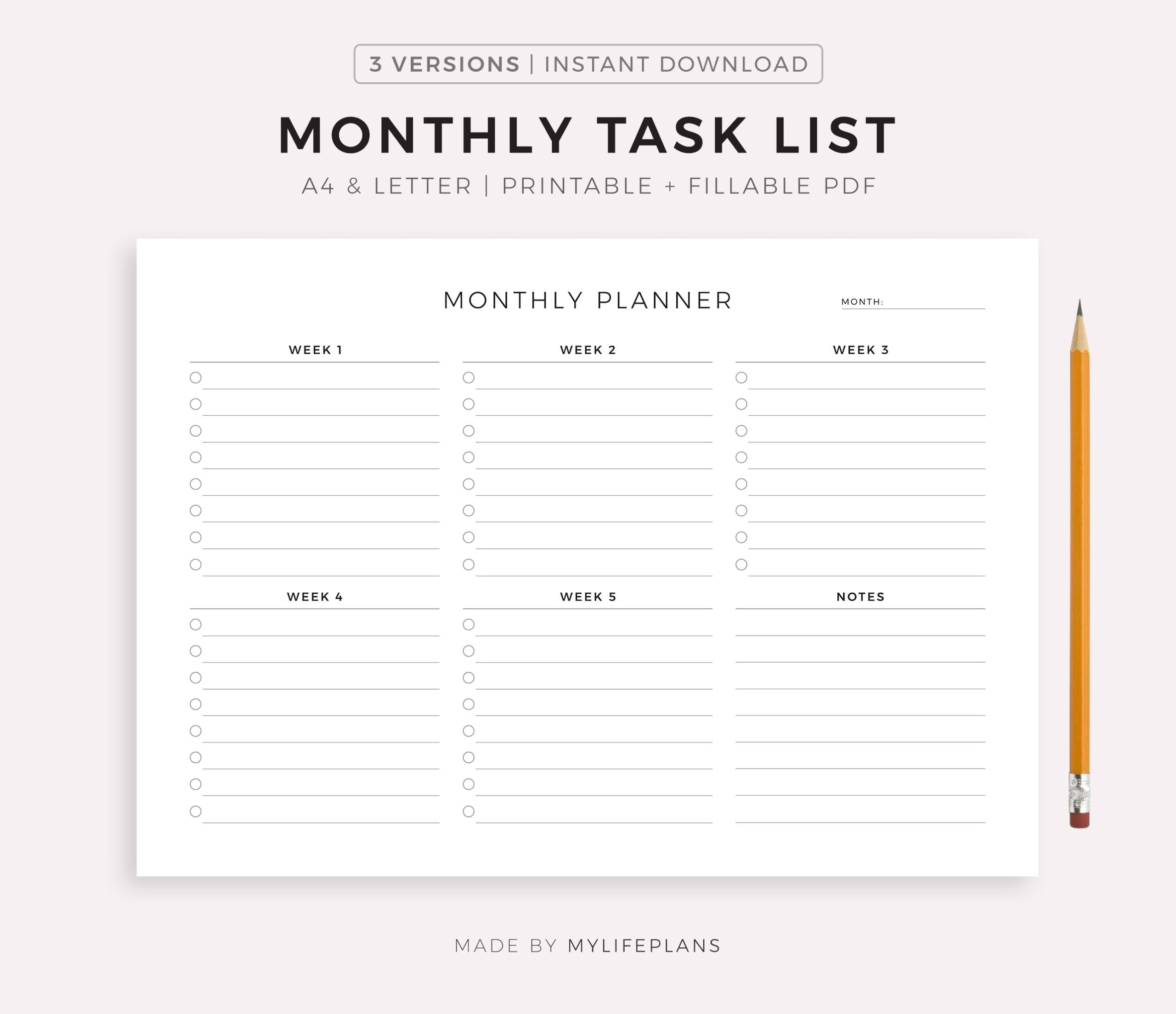 Monthly Task List Landscape Printable Fillable PDF