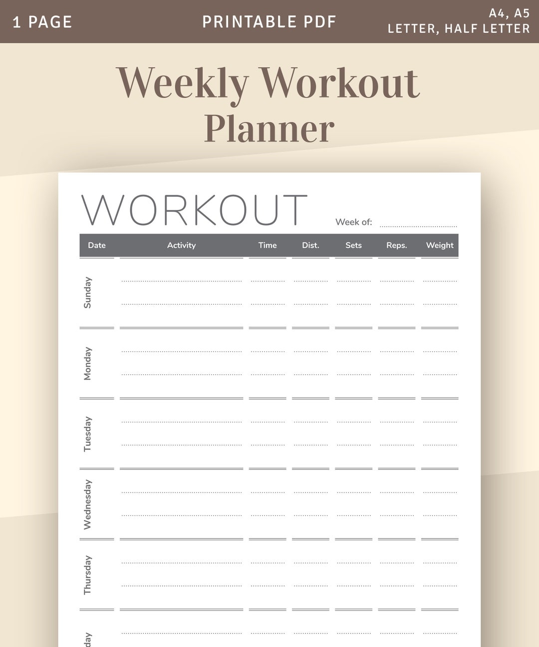 Weekly Workout Planner Template Fitness Journal Printable PDF Etsy
